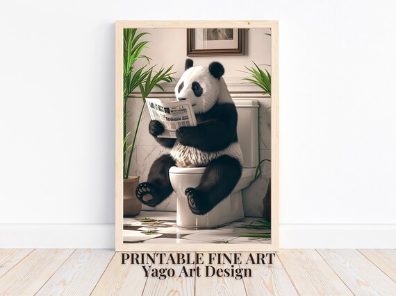 Cute Panda Reading Newspaper on Toilet Funny Bathroom Decor Poster