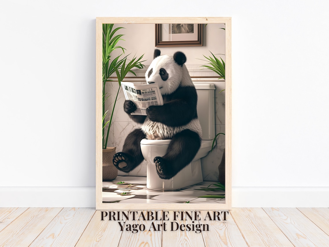 Cute Panda Reading Newspaper on Toilet Funny Bathroom Decor Poster