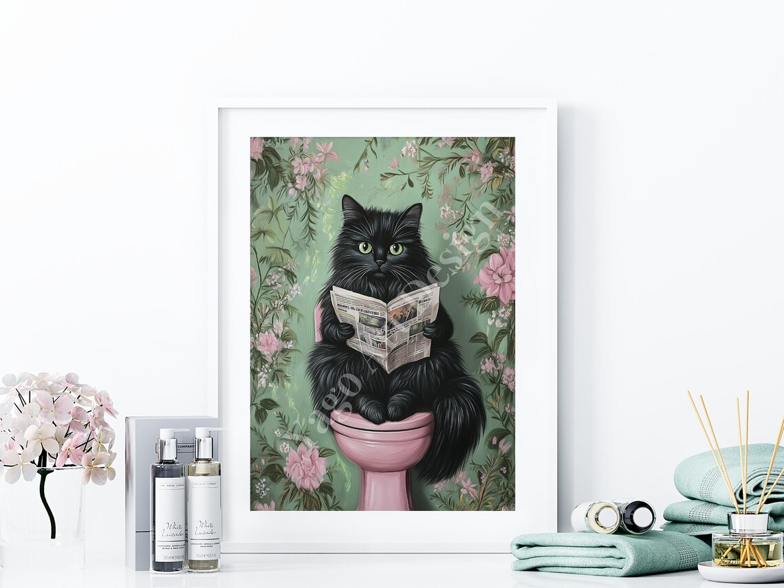 Black Cat Reading Newspaper on Pink Toilet Botanical Bathroom Poster - Image 4