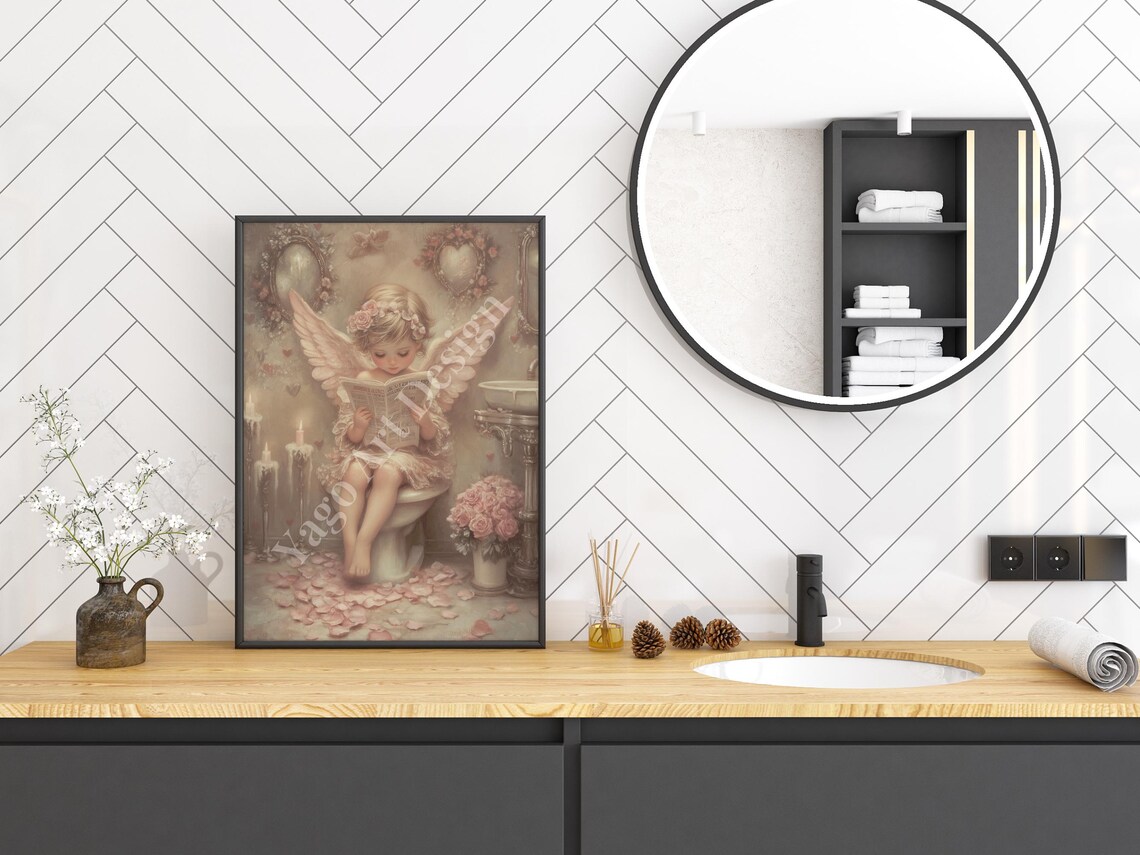 Cupid Angel Reading Newspaper on Toilet Valentine Bathroom Poster - Image 3