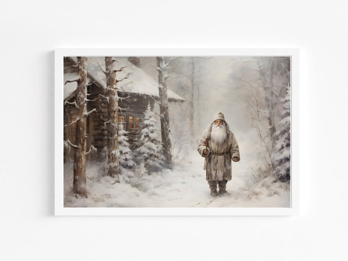 Santa Claus Walking in Snowy Forest Vintage Winter Scene Poster - Image 4