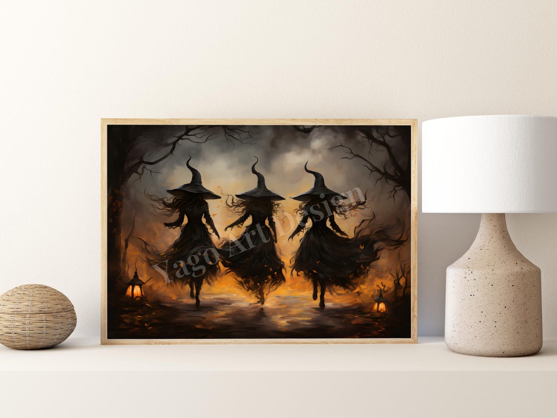 Three Witches Dancing Forest Lanterns Spooky Halloween Poster - Image 3