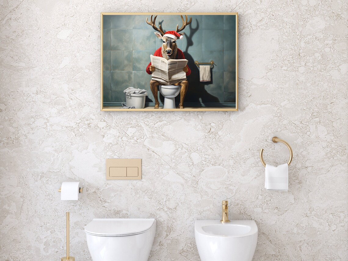 Reindeer on Toilet Reading Newspaper Funny Christmas Humor Poster - Image 2
