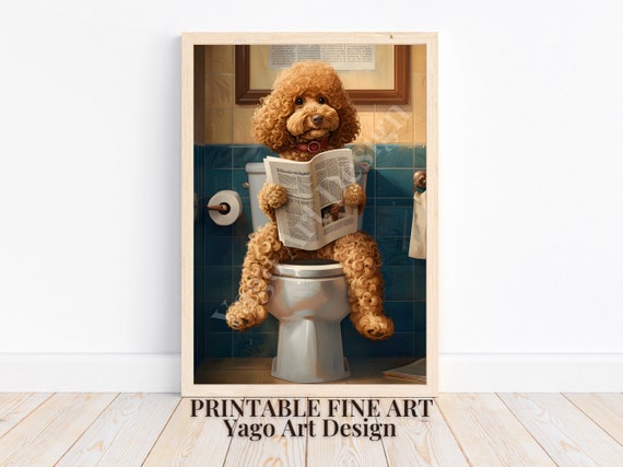 Apricot Poodle On Toilet Art Print Funny Bathroom Decor Cute Dog Wall Decor Toilet Wall Decor Poodle Reading Newspaper Cute Dog Poster