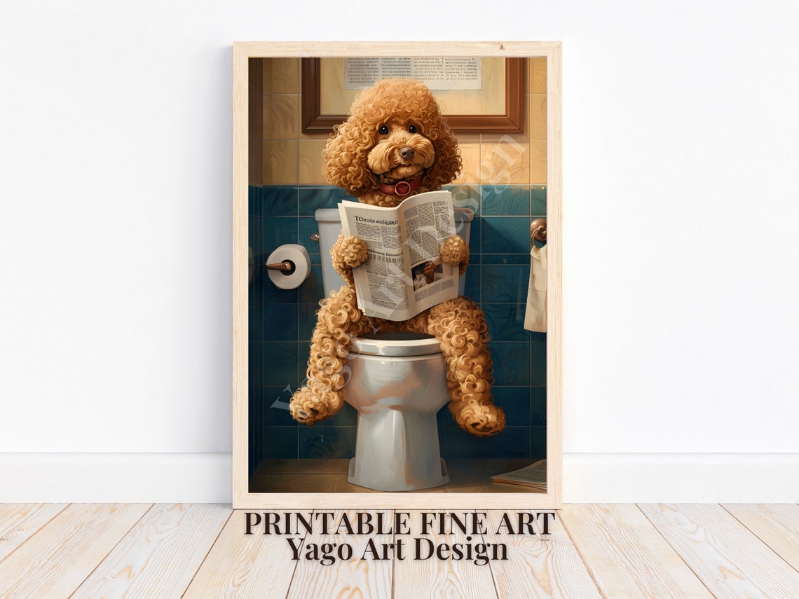 Funny Apricot Poodle Reading Newspaper on Toilet Bathroom Poster