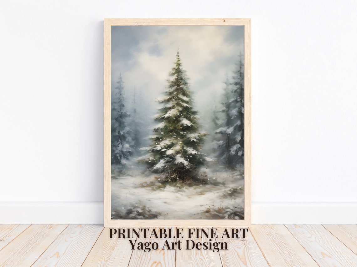 Lone Pine Tree in Misty Snow Winter Minimalist Nature Poster
