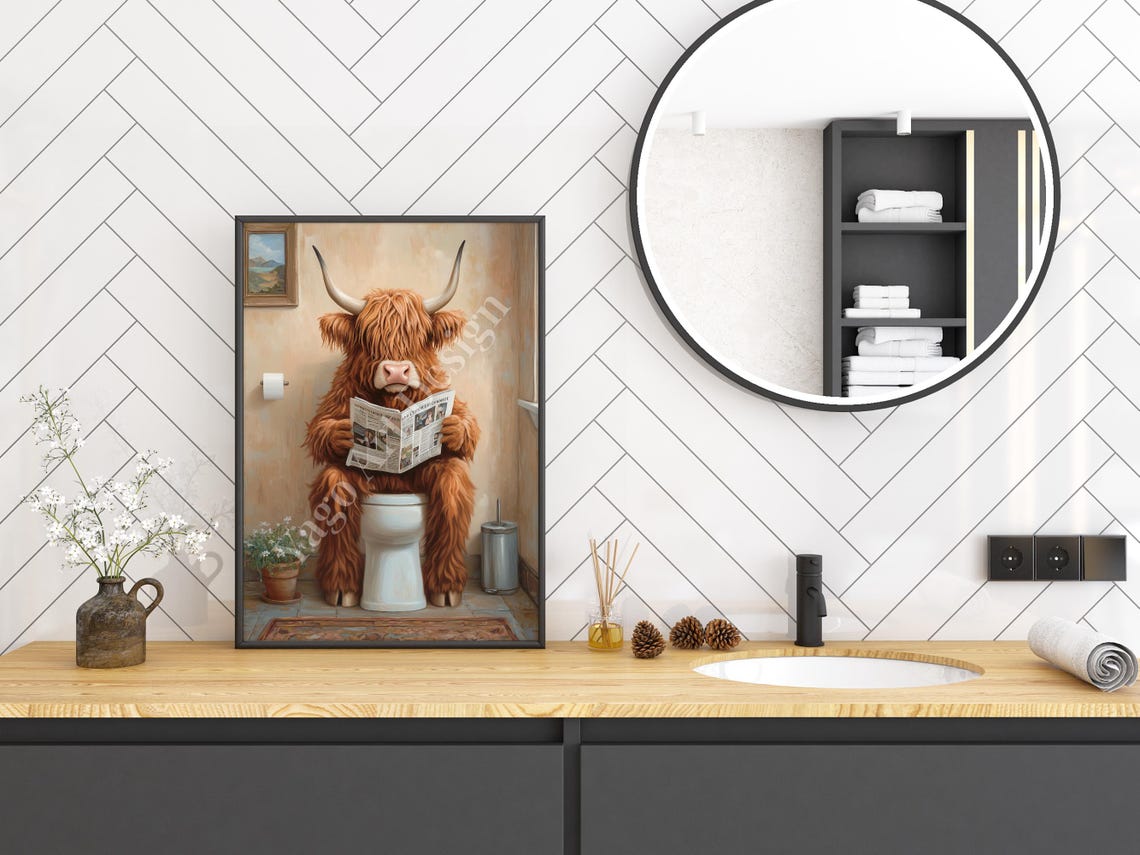 Highland Cow Reading Newspaper on Toilet Poster Rustic Bathroom Art - Image 3