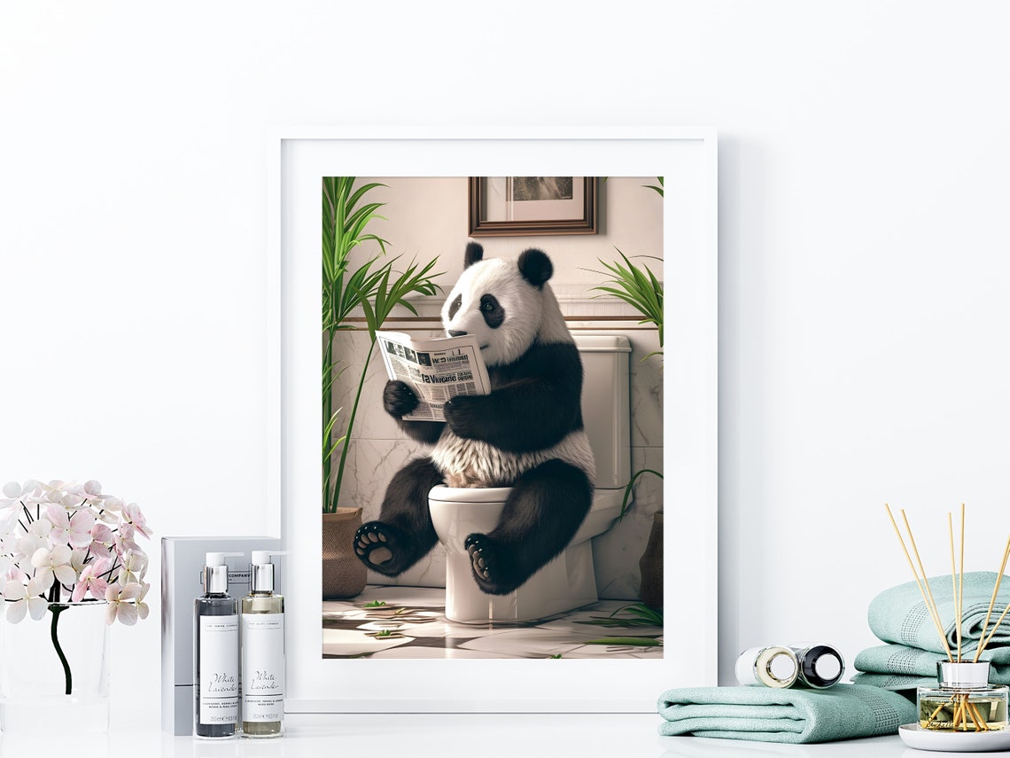 Cute Panda Reading Newspaper on Toilet Funny Bathroom Decor Poster - Image 4