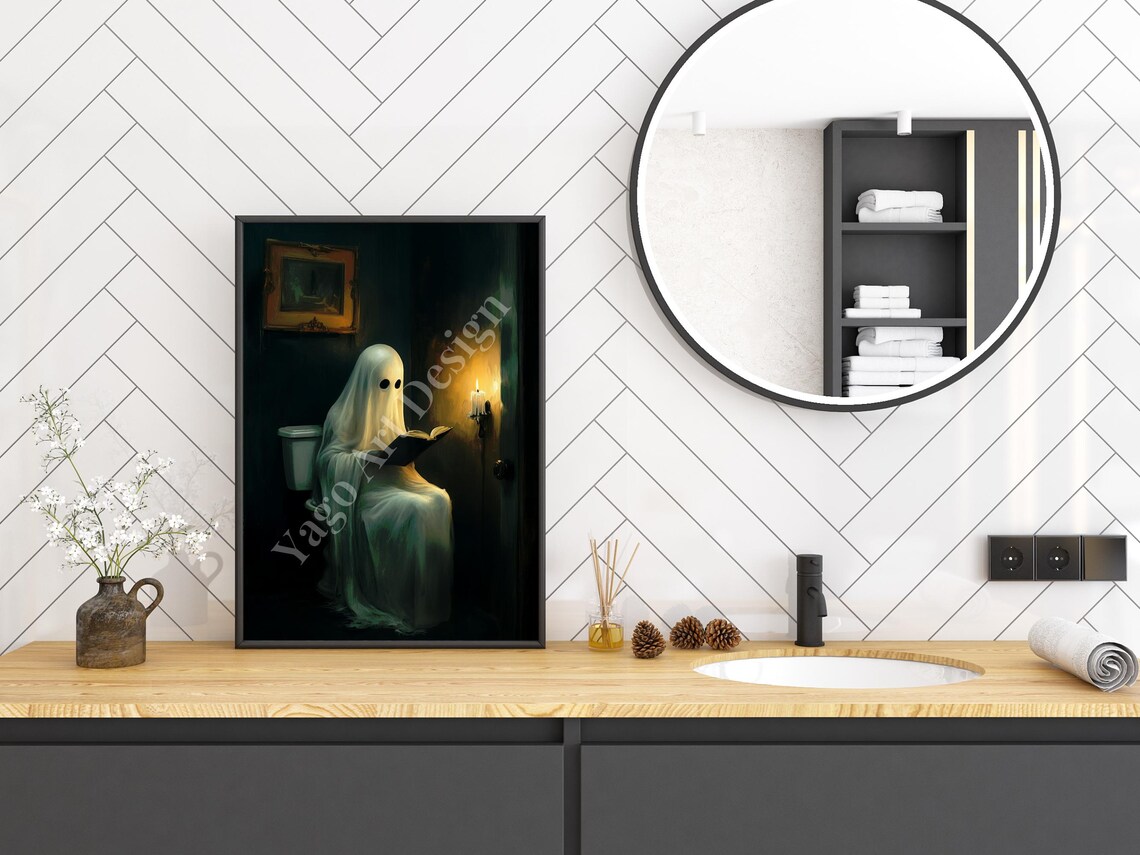 Cute Ghost Reading Book on Toilet by Candlelight Halloween Poster - Image 2
