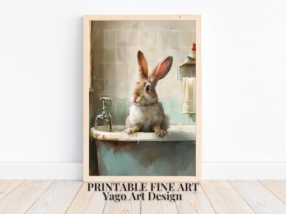 Bunny Rabbit Sitting In Vintage Bathtub Funny Bathroom Print