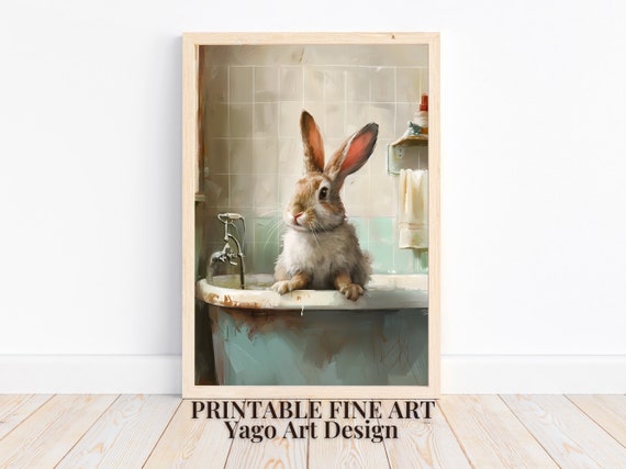 Easter Bunny In Bathtub Wall Art Print Rabbit In Bathroom Wall Decor Bathroom Animal Art Prints Funny Bathroom Decor Cute