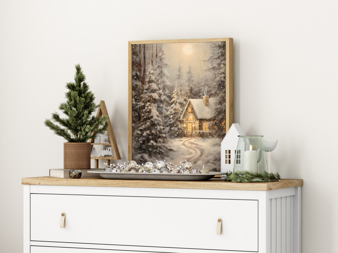 Cozy Cabin in Snowy Forest at Dusk Winter Landscape Wall Art - Image 2