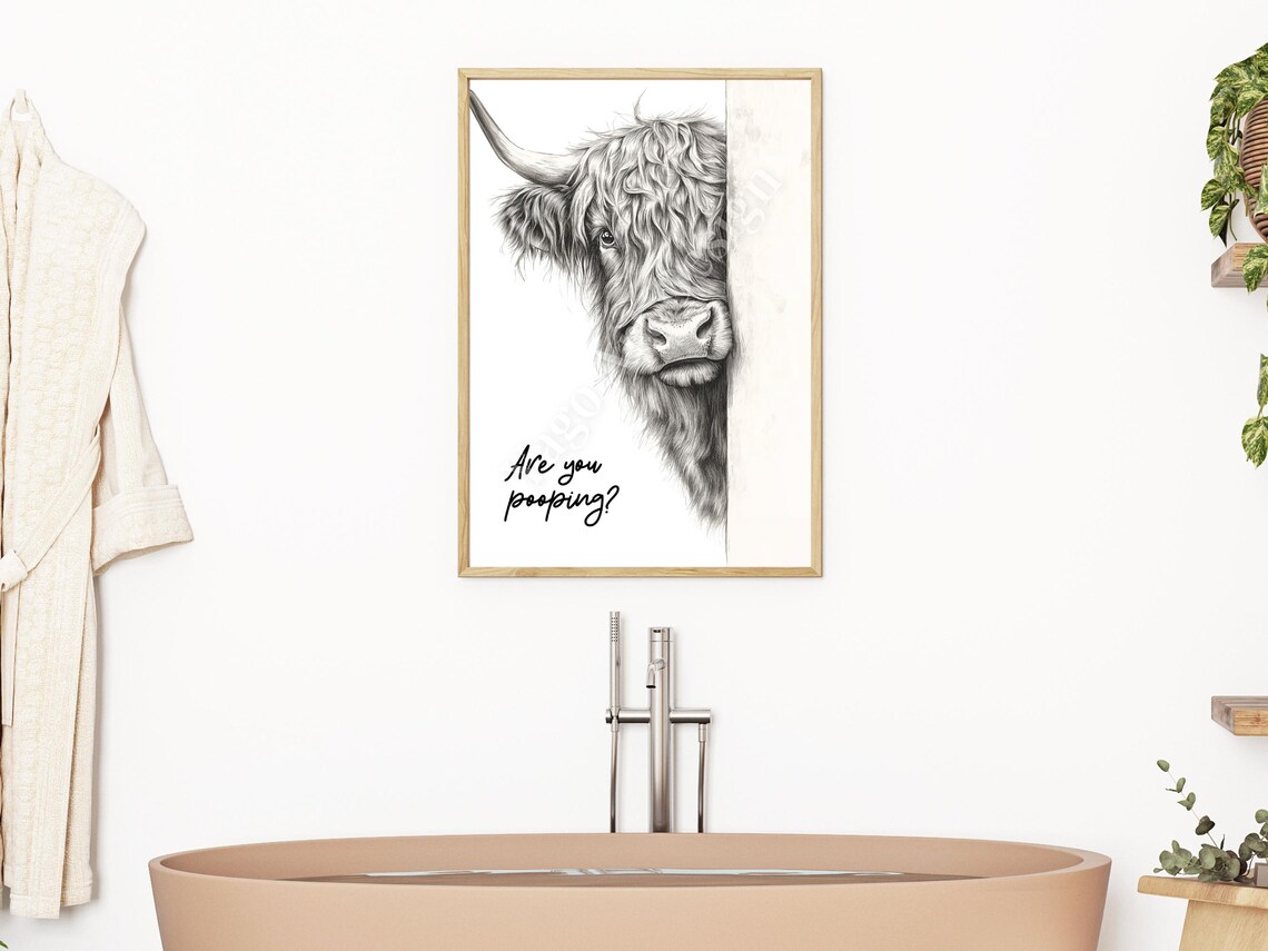 Funny Highland Cow Bathroom Poster, Minimalist Farmhouse