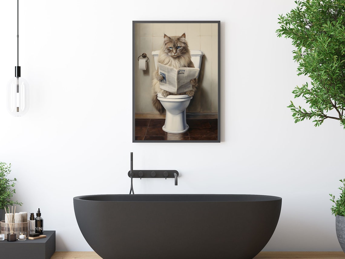 Ragdoll Cat On Toilet Reading Newspaper Funny Bathroom Poster - Image 3