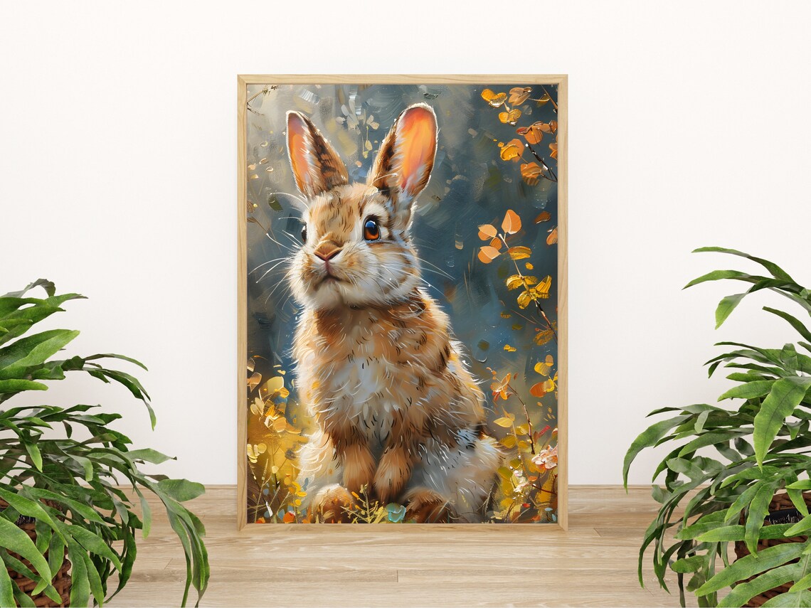 Cute Bunny Portrait among Autumn Leaves Warm Oil Painting Poster - Image 4