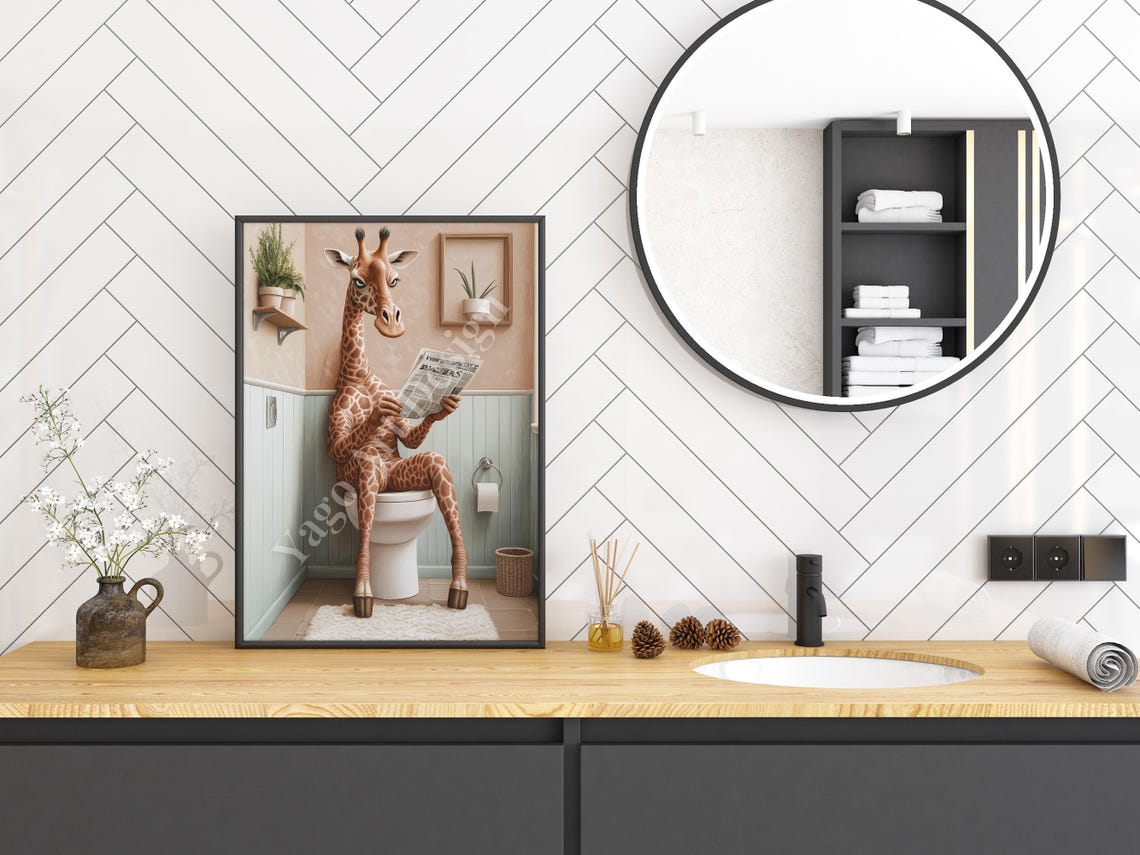 Giraffe Sitting on Toilet Reading Newspaper Poster Bathroom Humor - Image 3