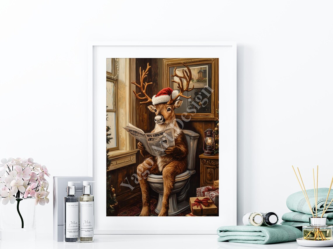 Reindeer Wearing Santa Hat Reading Newspaper Cozy Christmas Poster - Image 4