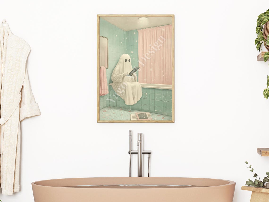 White Ghost Reading Book on Bathtub Edge Mint Bathroom Art Poster - Image 2