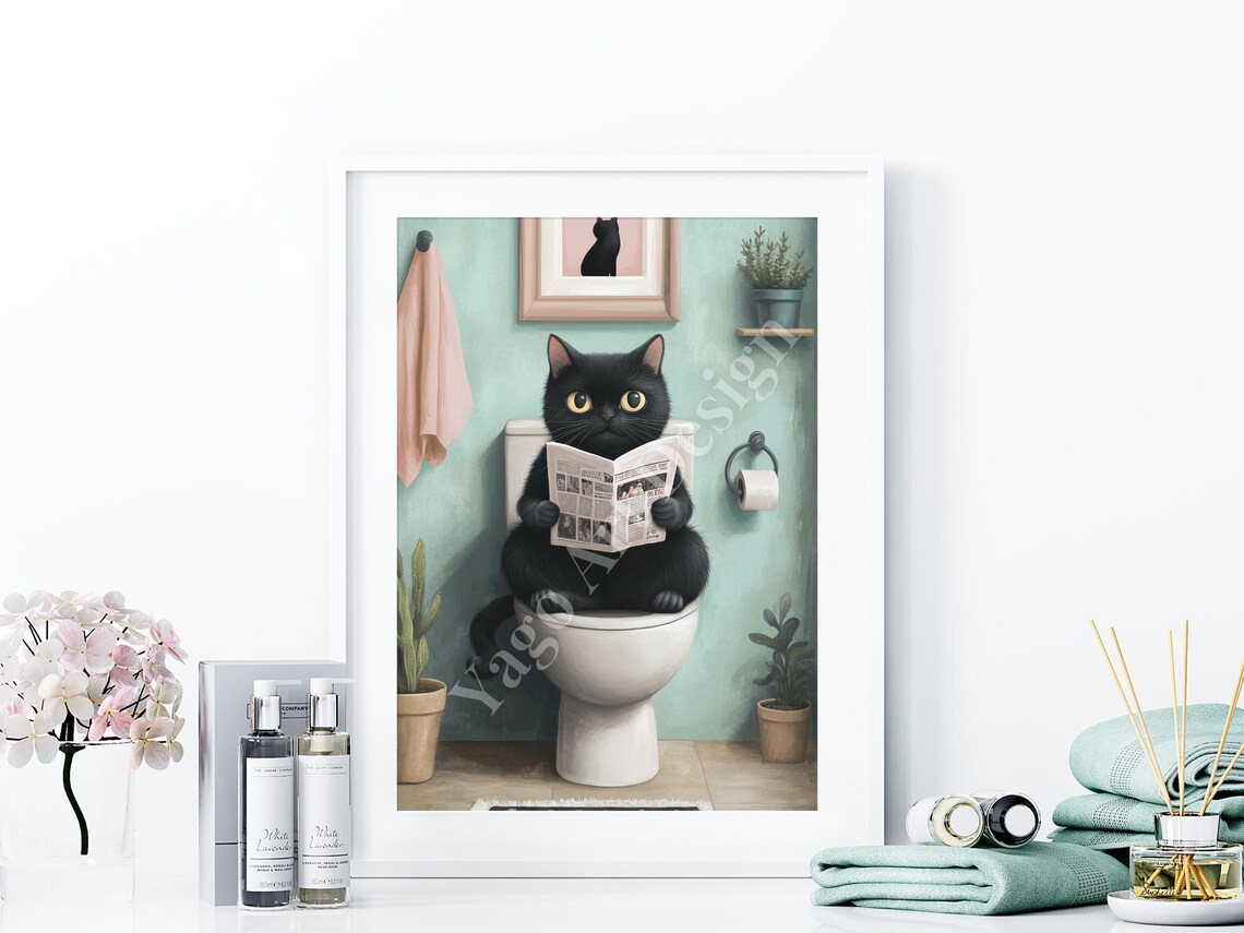 Black Cat On Toilet Reading Newspaper Mint Funny Bathroom Poster - Image 3