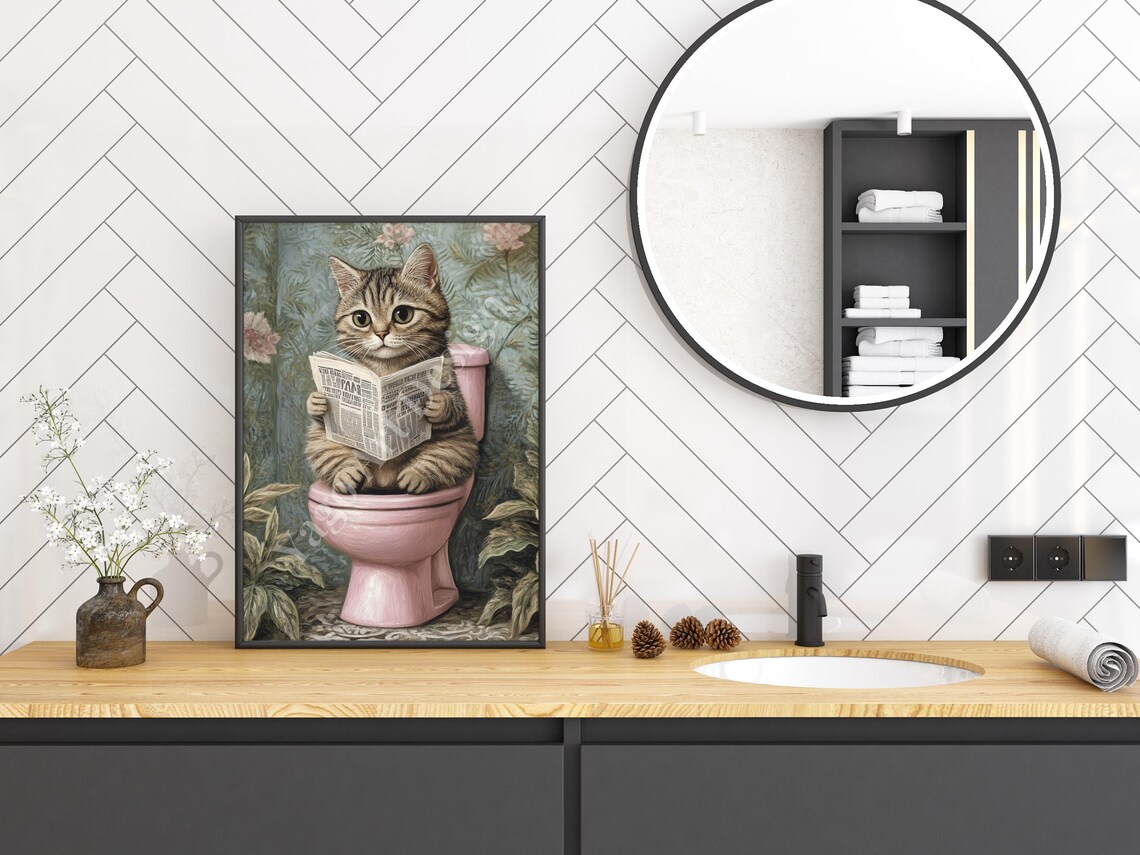 Tabby Kitten On Pink Toilet Reading Newspaper Funny Bathroom Poster - Image 2