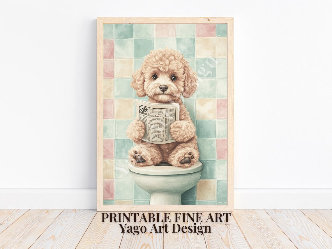 Cute Goldendoodle Puppy Reading Newspaper on Toilet Pastel Poster