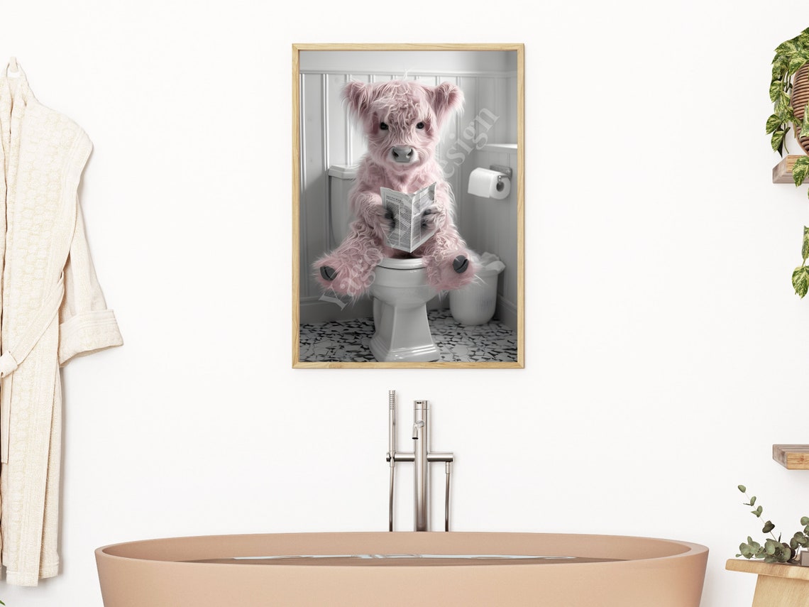 Highland Cow Sitting On Toilet Pink Highland Calf Bathroom Decor Cute Pink Bathroom Print Animal On Toilet Poster Whimsy Animal Art - Image 3
