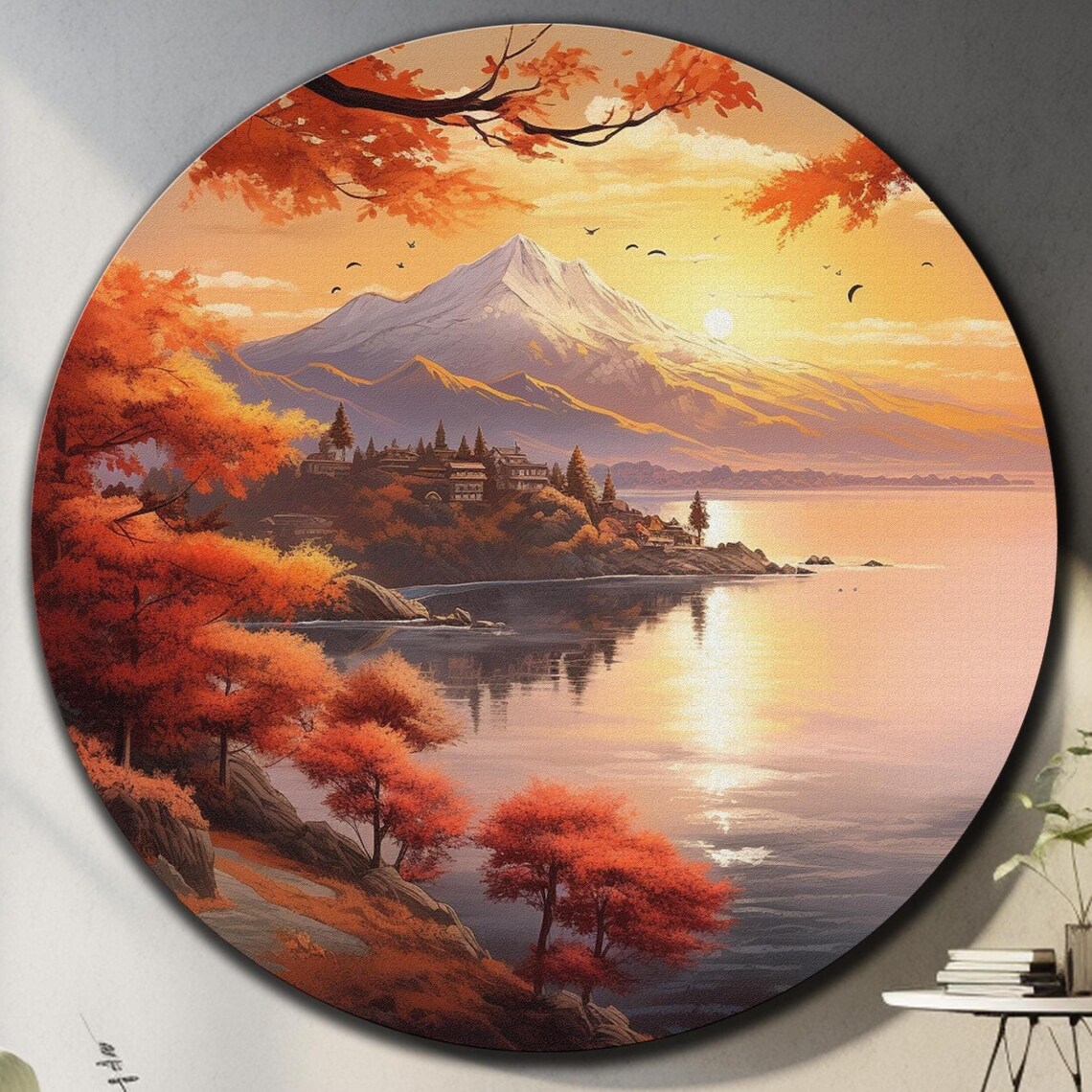 Mount Fuji Autumn Sunrise Lake Reflection Red Maple Trees Wall Art