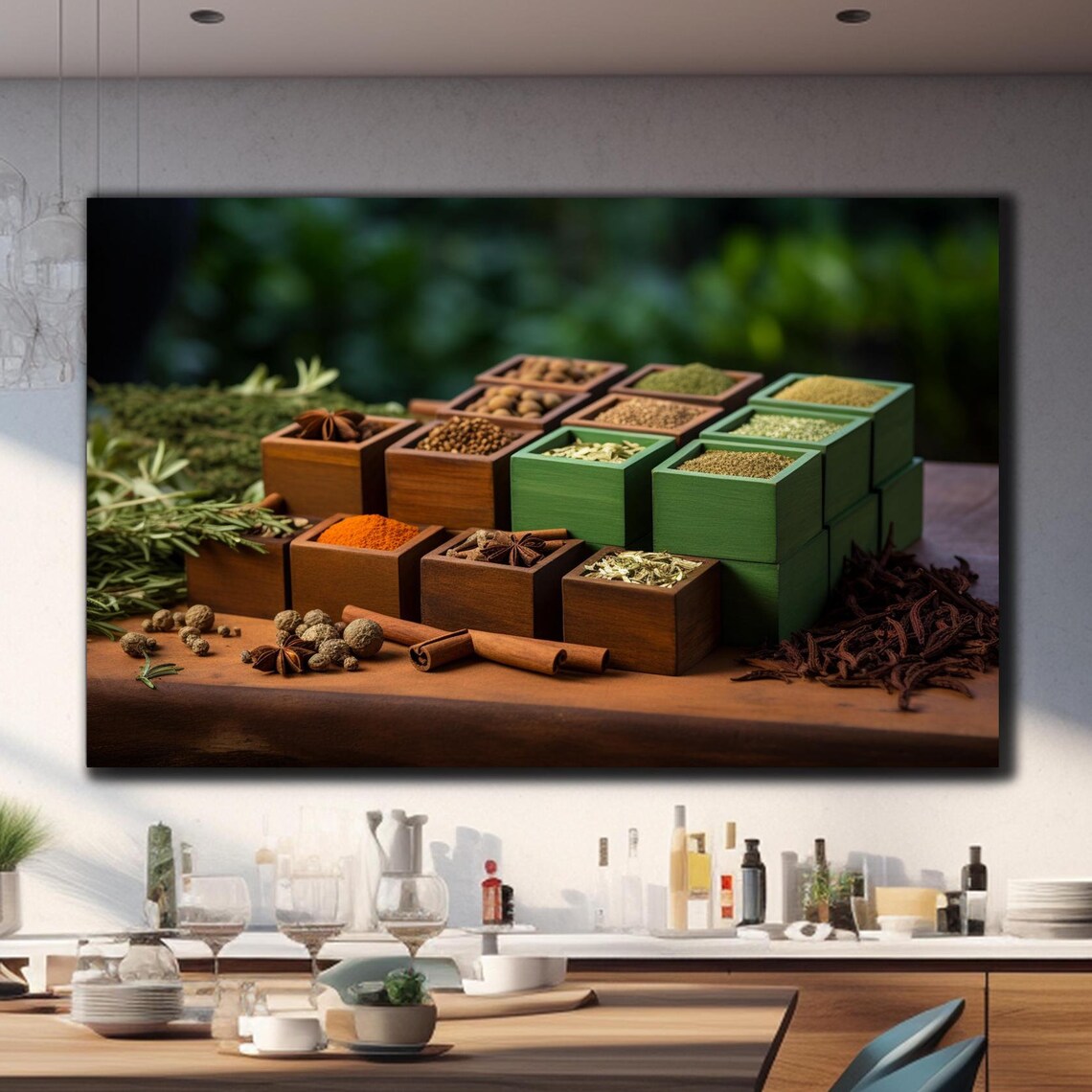 Herbs and Spices Wooden Boxes Rustic Kitchen Wall Art Glass Poster