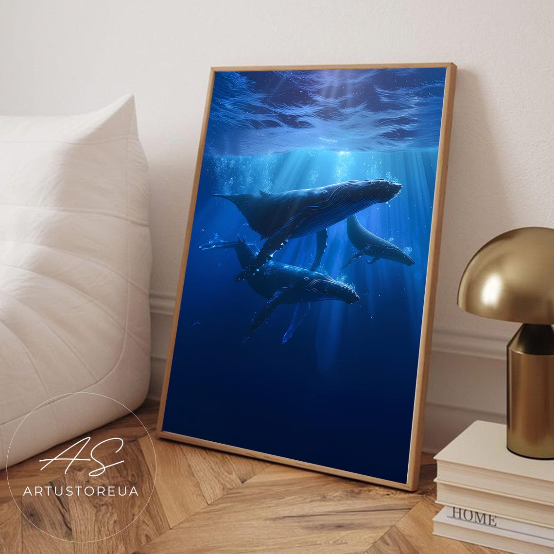 Humpback Whales Underwater Deep Ocean Blue Majestic Art Poster