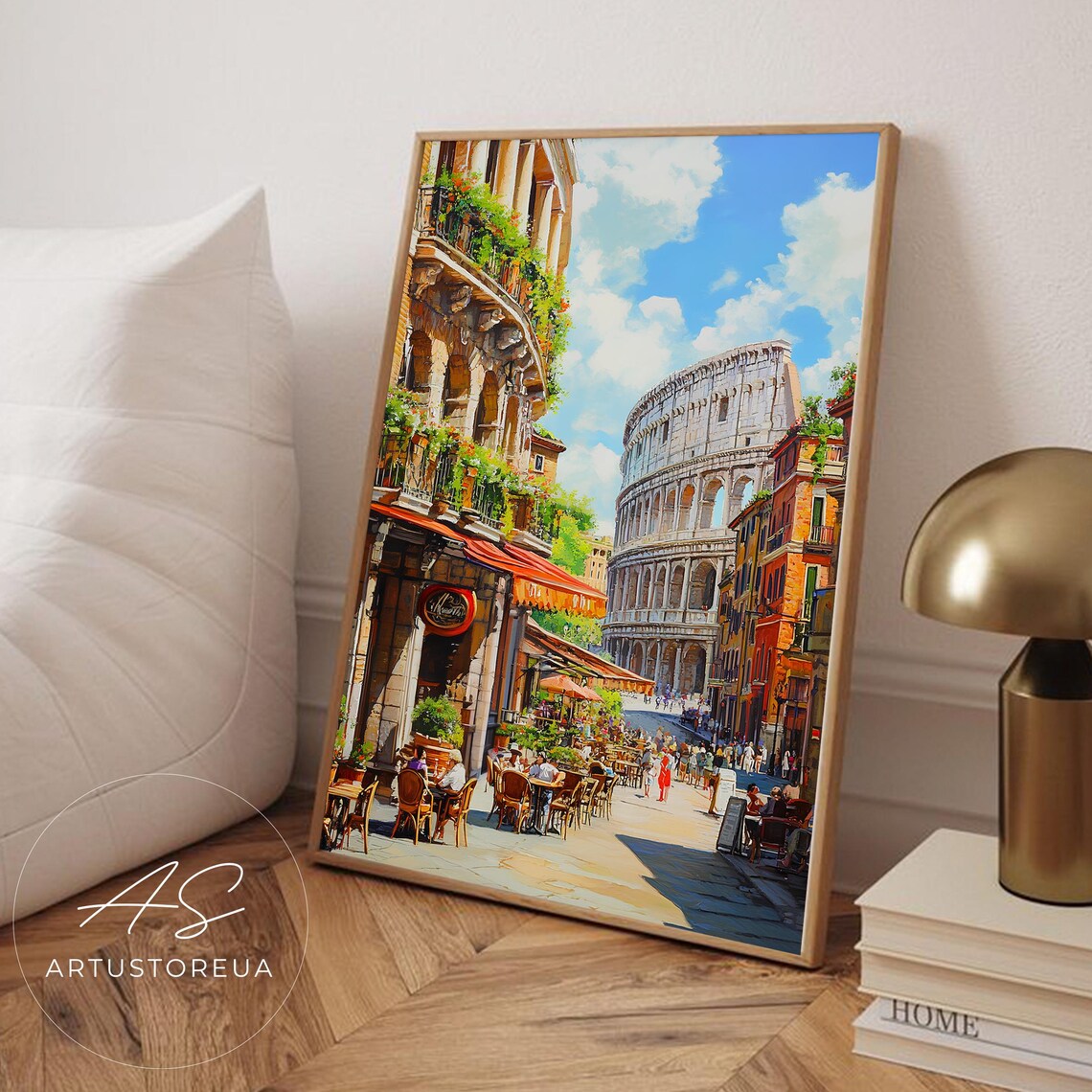 Rome Street Scene Colosseum Cafe Italy Travel Watercolor Painting Poster