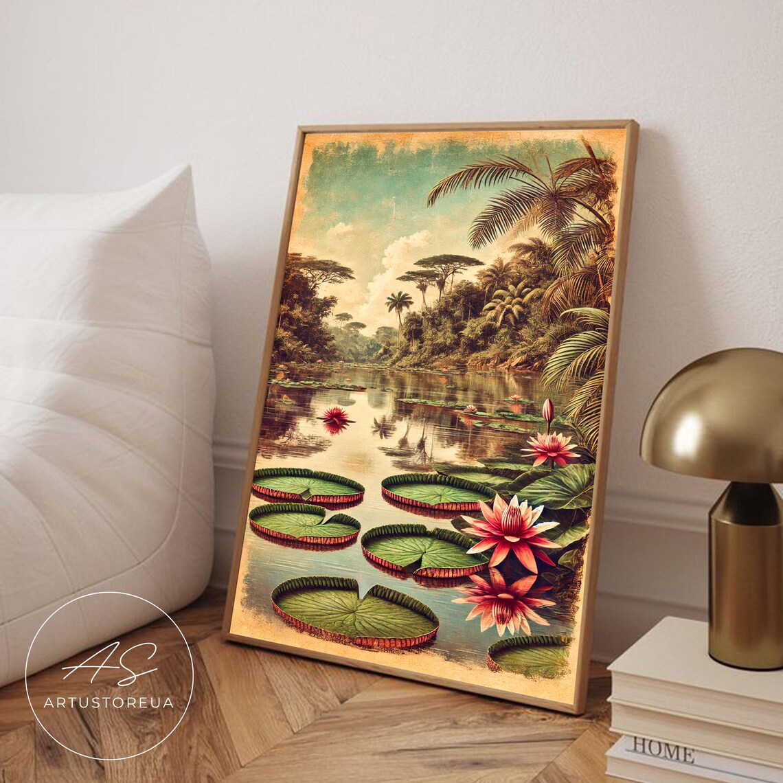 Vintage Jungle River Water Lily Pond Exotic Rainforest Botanical Poster