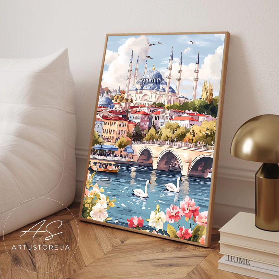 Old Town Istanbul Grand Mosque Bosphorus Swans Turkey Travel Poster