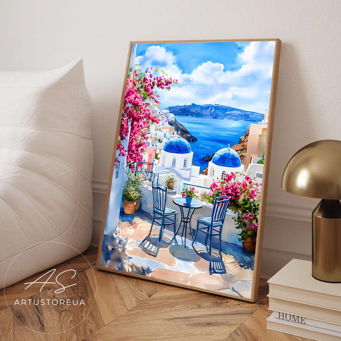 Santorini Blue Domes Bougainvillea Terrace Aegean Sea View Poster
