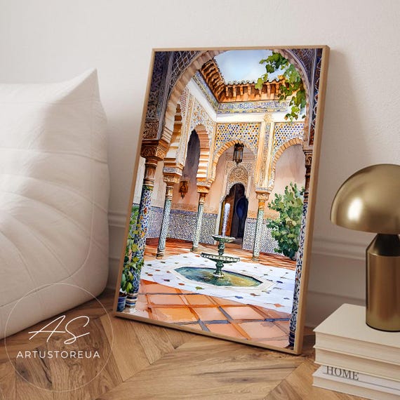 Morocco Poster Print African Riad Art Moroccan Courtyard Watercolor With Arched Columns And Fountain
