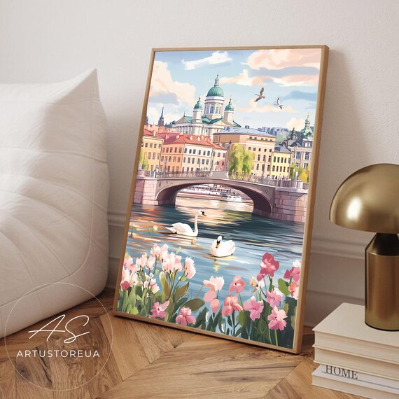 Helsinki Travel Poster, Watercolor Cityscape
