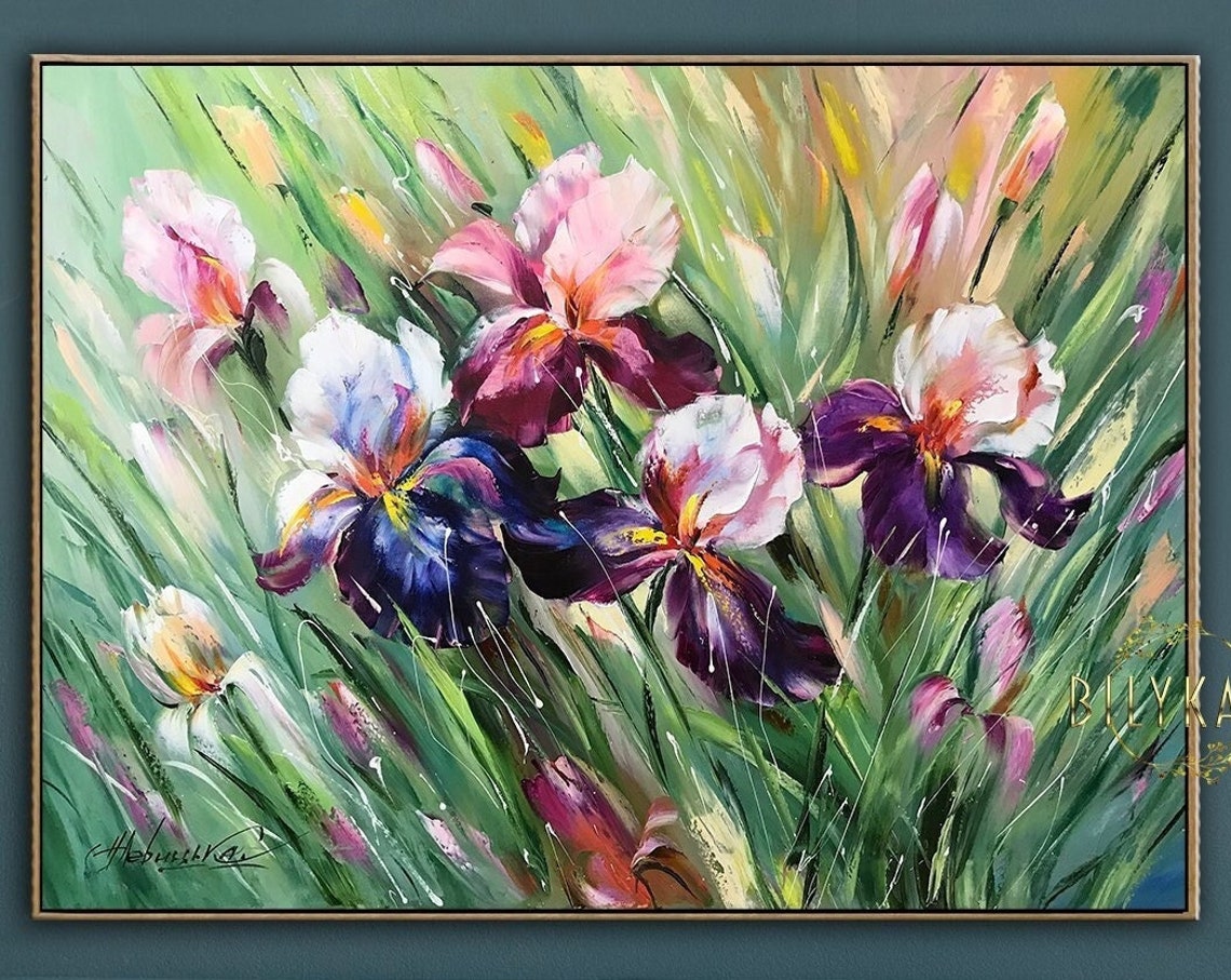 Purple Pink Iris Flowers Green Garden Blooms Impressionist Art Poster - Image 2