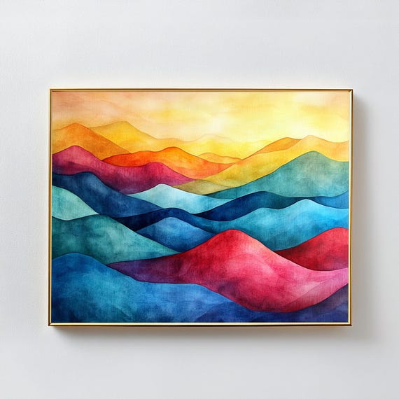 Vibrant Watercolor Horizontal Wall Art Colorful Abstract Mountain Painting Rainbow Watercolor Art Landscape Impressionist Art