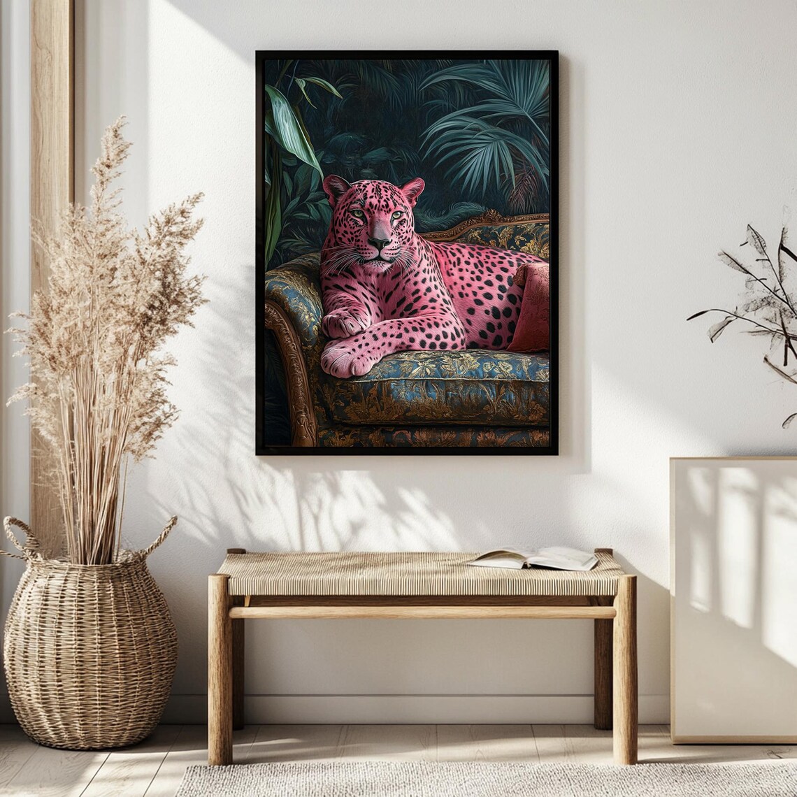 Pink Leopard Reclining on an Ornate Jungle Settee Art Poster - Image 2