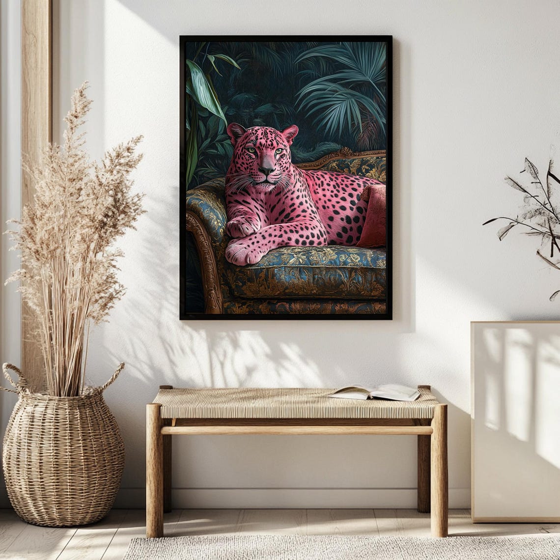 Wall Art Sleeping Leopard Maximalist Oil Painting Bold Pink Dopamine Bedroom Poster Kitsch Wild Animal Eclectic Floral Print - Image 2