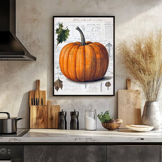 Large Orange Pumpkin On Vintage Manuscript Autumn Kitchen Poster