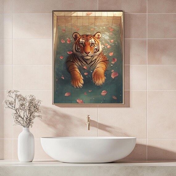 Tiger Bathing in Petal-Strewn Tiled Pool Maximalist Animal Poster