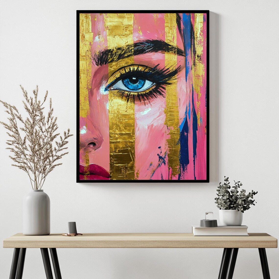 Blue Eye Close Up Gold And Pink Abstract Woman Face Modern Portrait Poster