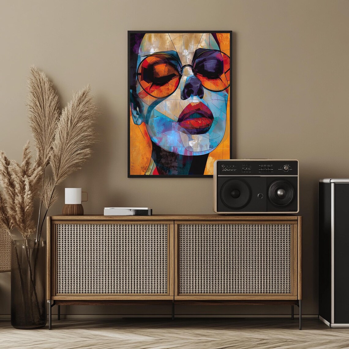 Geometric Woman Face With Sunglasses Orange Blue Abstract Modern Art Poster - Image 4