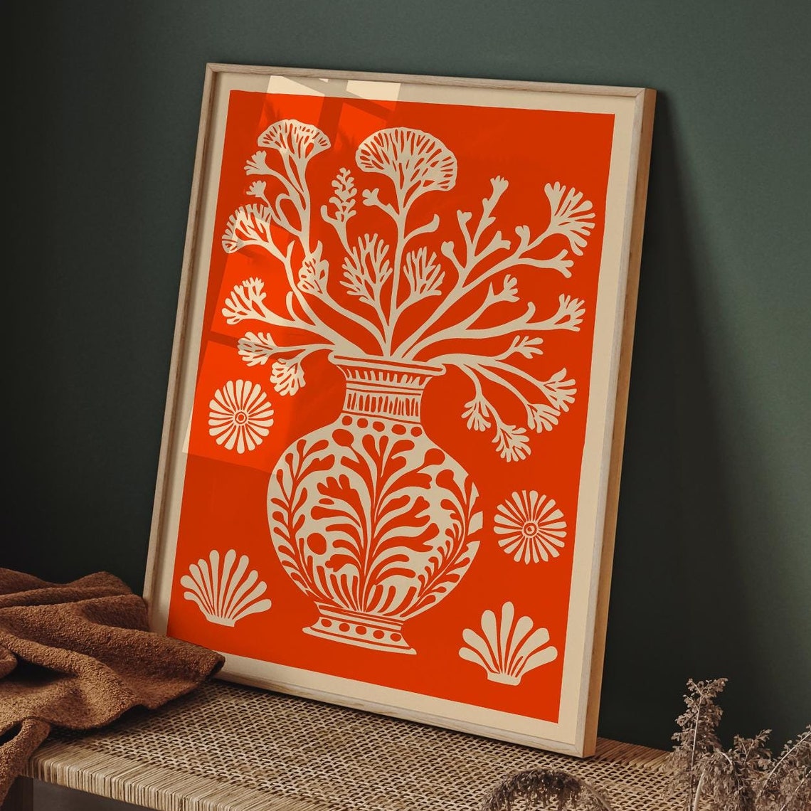 Coral Reef Orange Botanical Vase Floral Illustration Decor Poster