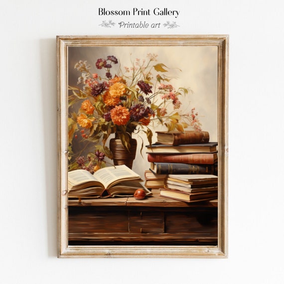 Rustic Fall Decor Books Still Life Moody Wall Art Vintage Autumn Art Painting Thanksgiving Decor 184