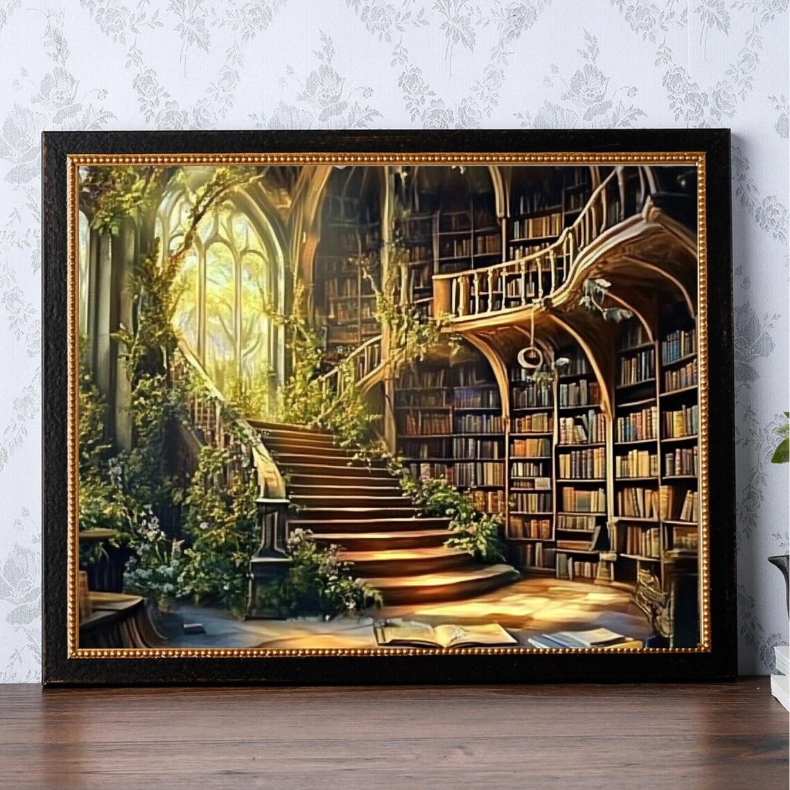 Enchanted Grand Library With Staircase Fantasy Art Painting Poster - Image 3