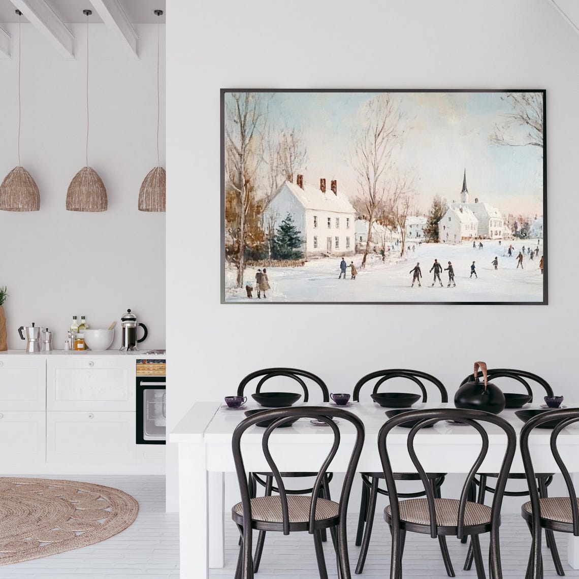 Snowy Village Church Ice Skaters On Frozen Pond Winter Scene Poster - Image 4