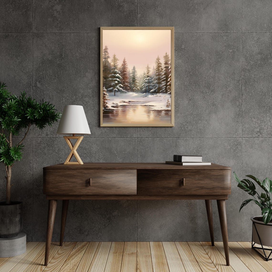 Snowy Pine Forest Stream At Dusk Winter Nature Landscape Poster - Image 3
