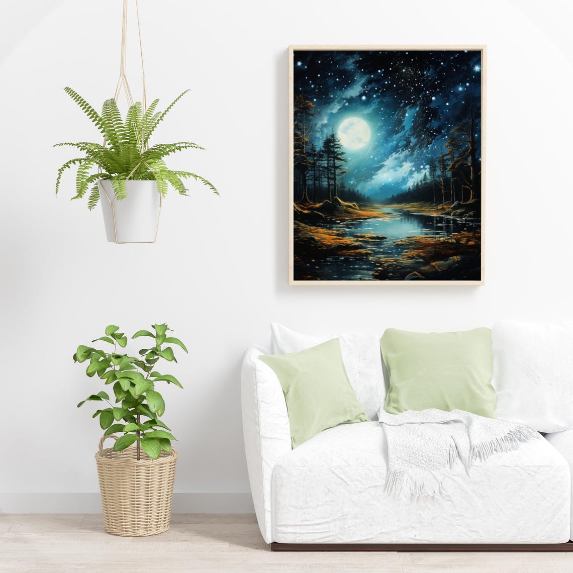 Starry Night Sky over a Moonlit River Forest Landscape Poster - Image 2