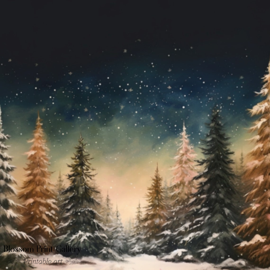 Snowy Pine Forest Under Starry Night Sky Winter Holiday Poster - Image 3